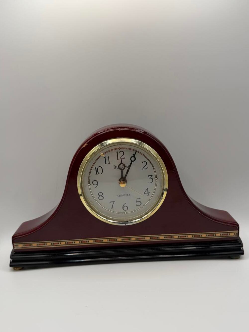 Bulova Burgundy Mantel Clock Quartz Art Deco Wood-Look Case Working